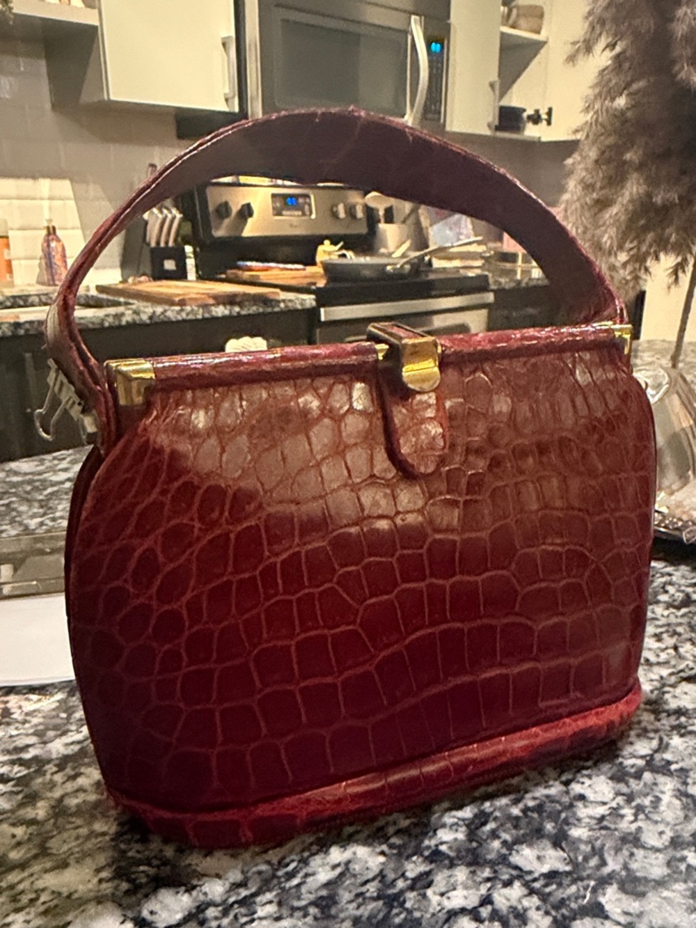 Red Classic Structured Top-Handle Bag in Deep Burgundy Croc